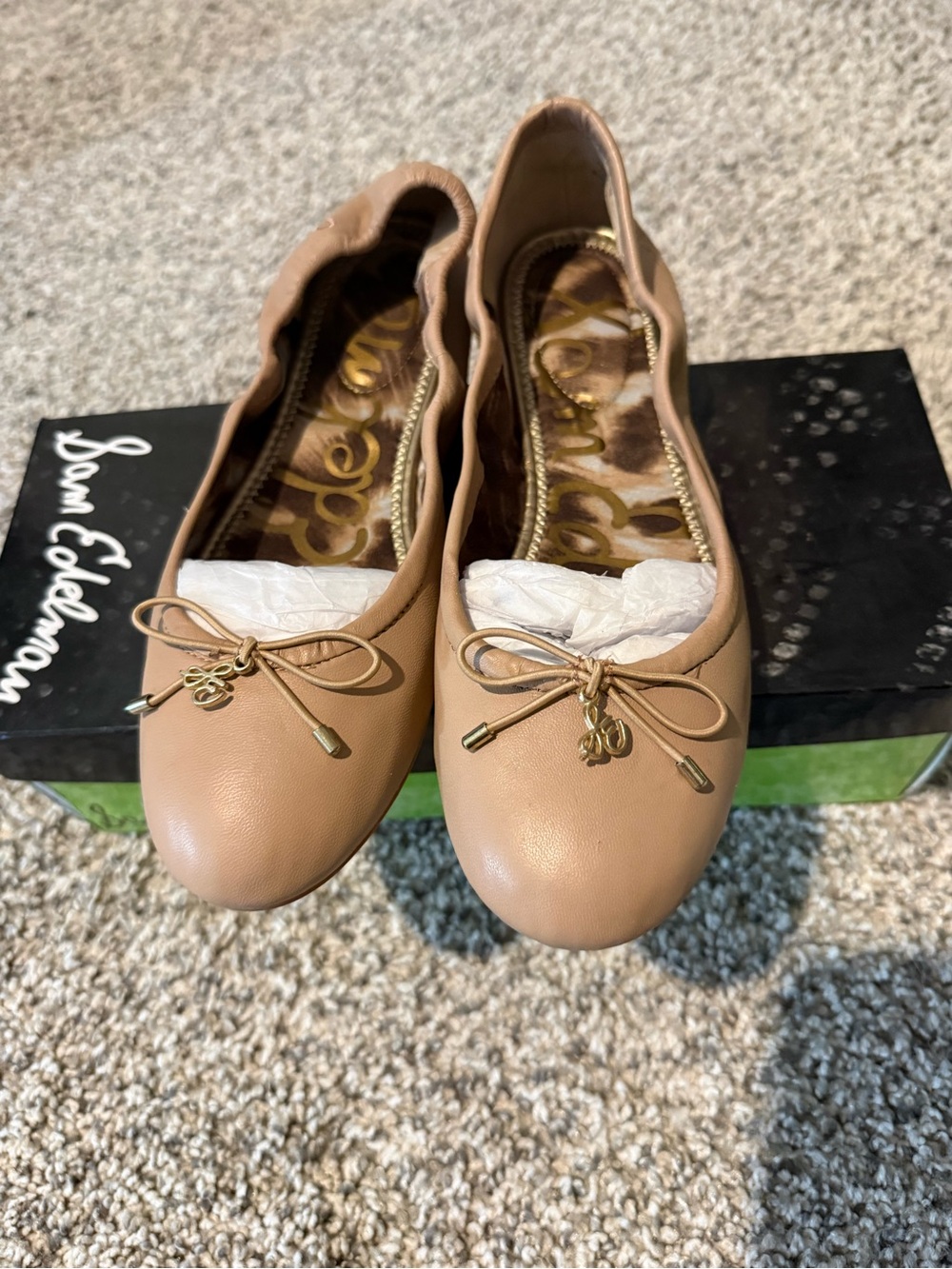 Sam Edelman Tan Leather Ballet Flats with Bow & Gold Charm